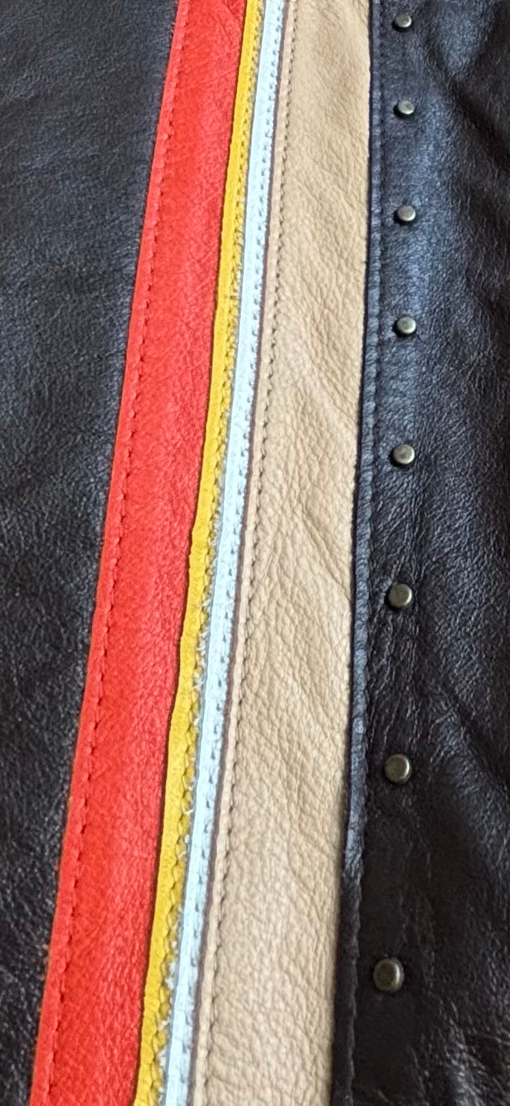 Vintage Mod Striped Leather Skirt with Brass Stud Detail—XS