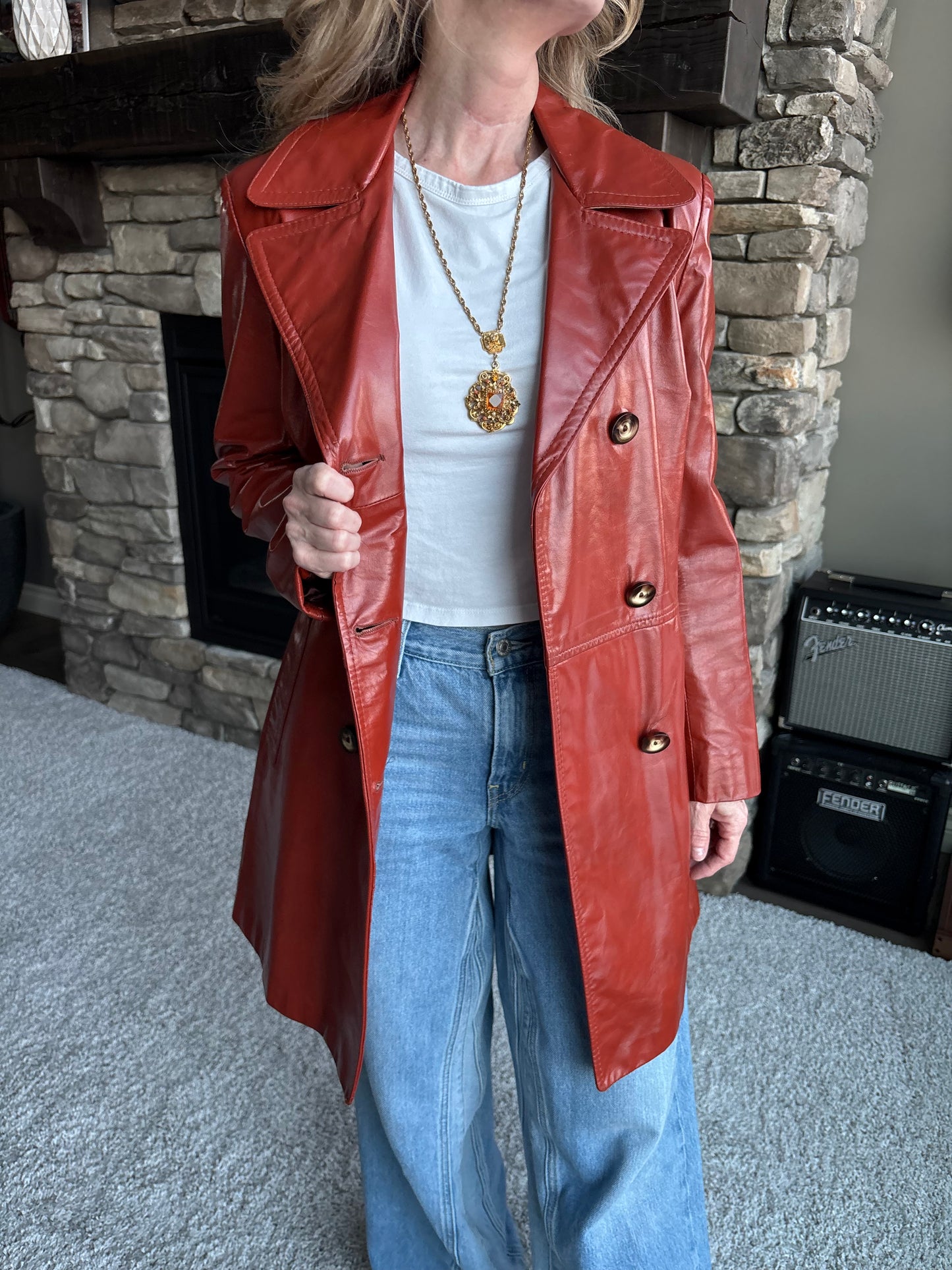70’s Shaino’s Vintage Burnt Orange Leather 3/4 Length Pea Coat