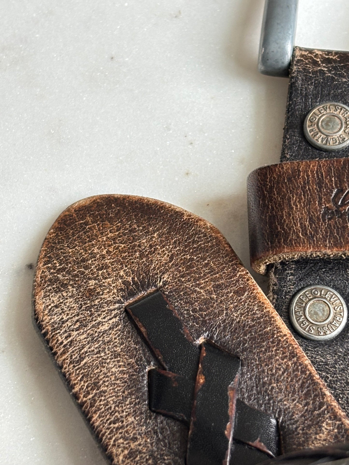Distressed Leather Belt With Braided X Stitch