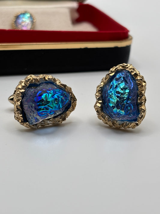 Vintage SWANK Blue Iridescent Art Glass Cab Cufflink & Tie Tack Set With Chain & Continental Presentation Case
