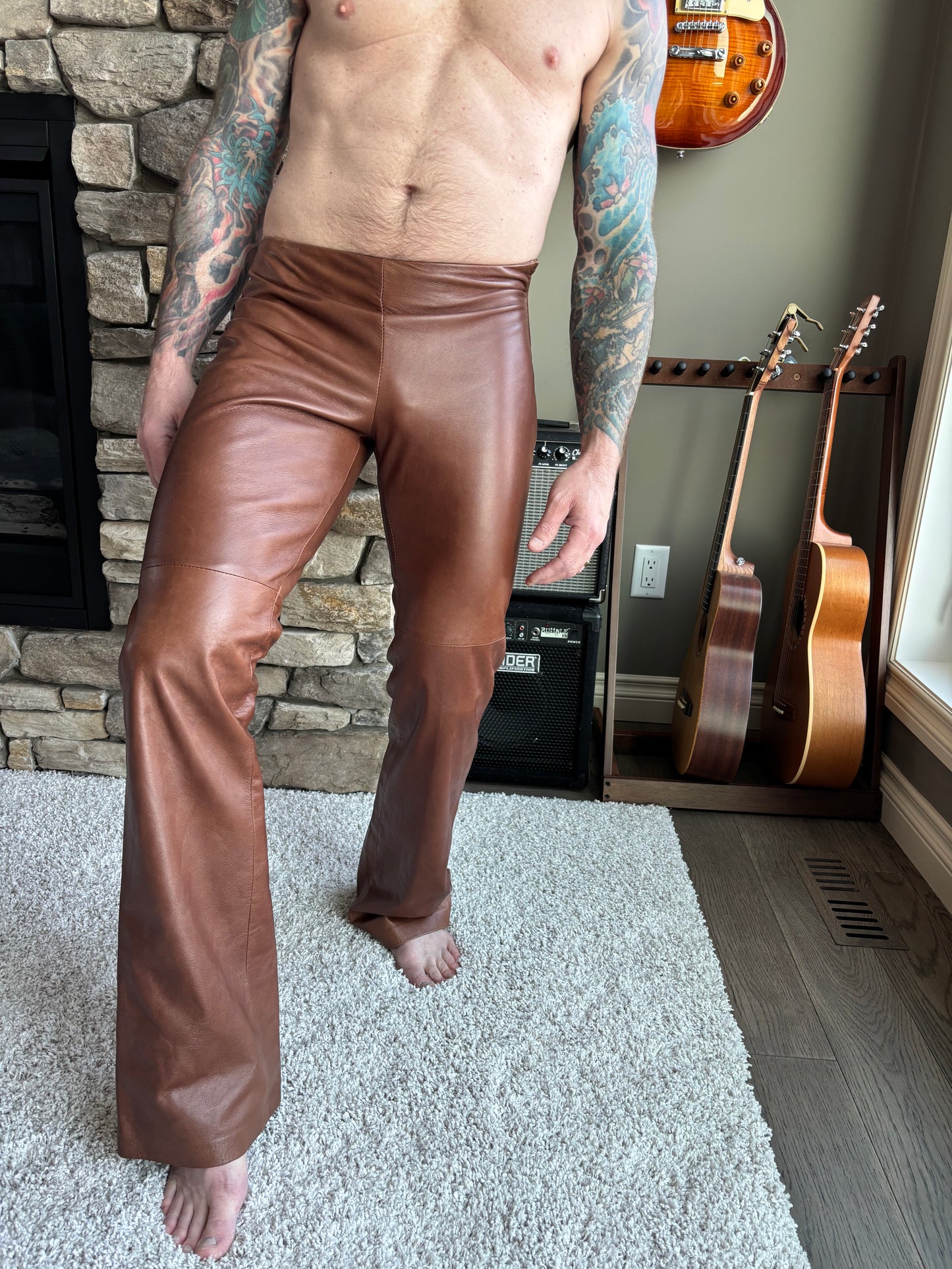 Vintage Cognac Brown Leather BootCut Pants