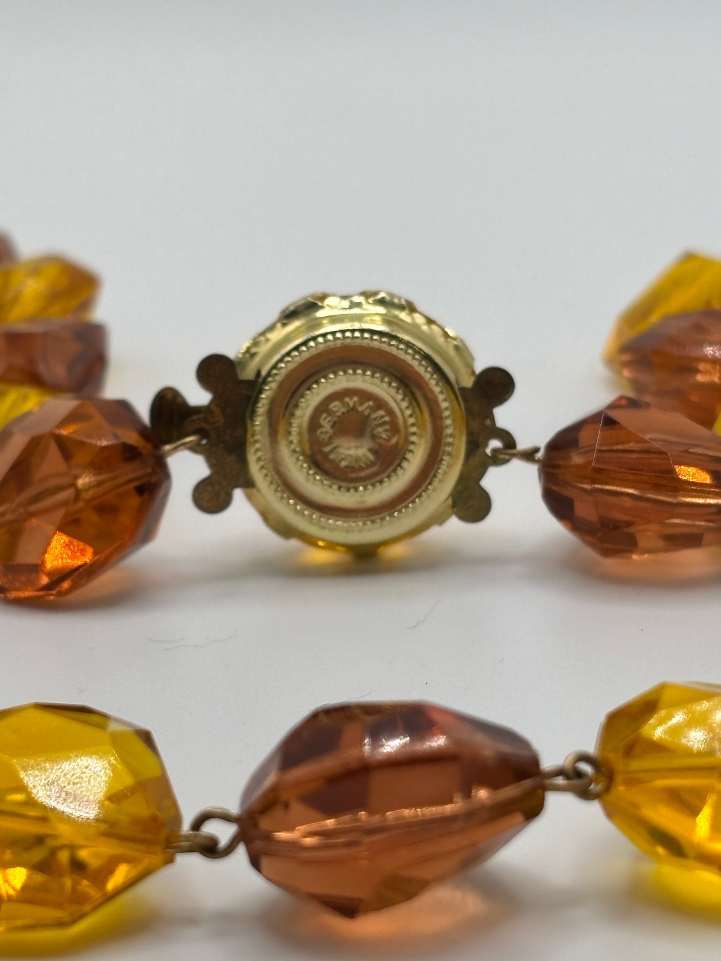 Vintage West Germany Amber Lucite Beaded Necklace – Chunky Faceted Gold & Cognac Tones