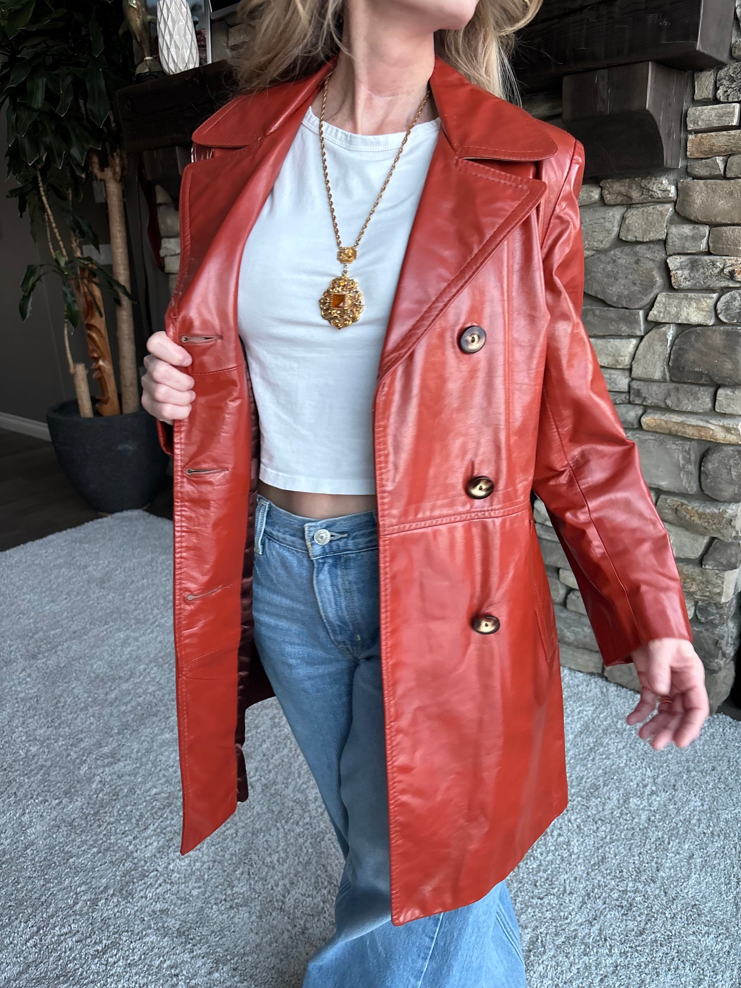 70’s Shaino’s Vintage Burnt Orange Leather 3/4 Length Pea Coat