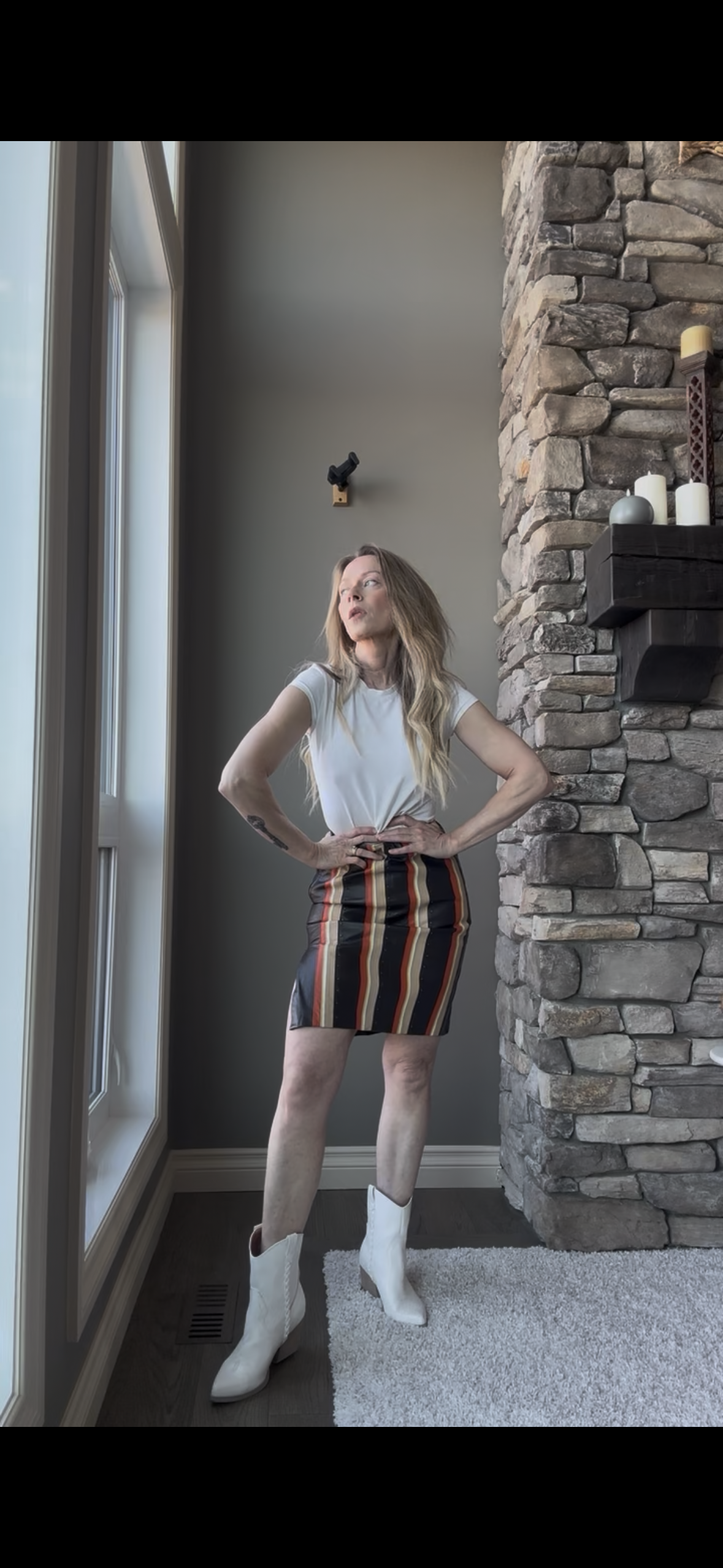 Vintage Mod Striped Leather Skirt with Brass Stud Detail—XS