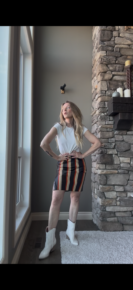 Vintage Mod Striped Leather Skirt with Brass Stud Detail—XS