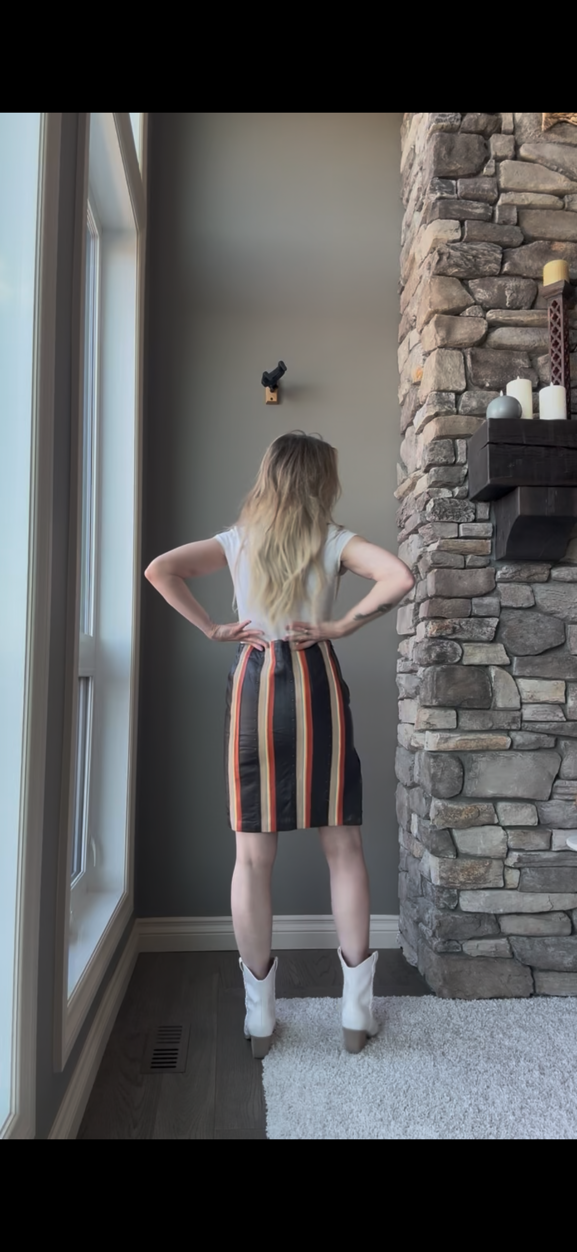 Vintage Mod Striped Leather Skirt with Brass Stud Detail—XS