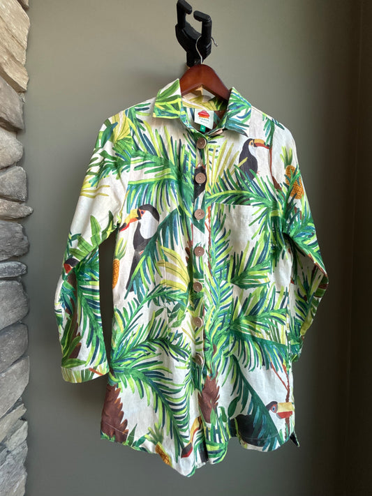 Farm Rio Linen Romper — Tropical Toucan Print, Shirt Dress Silhouette, XS