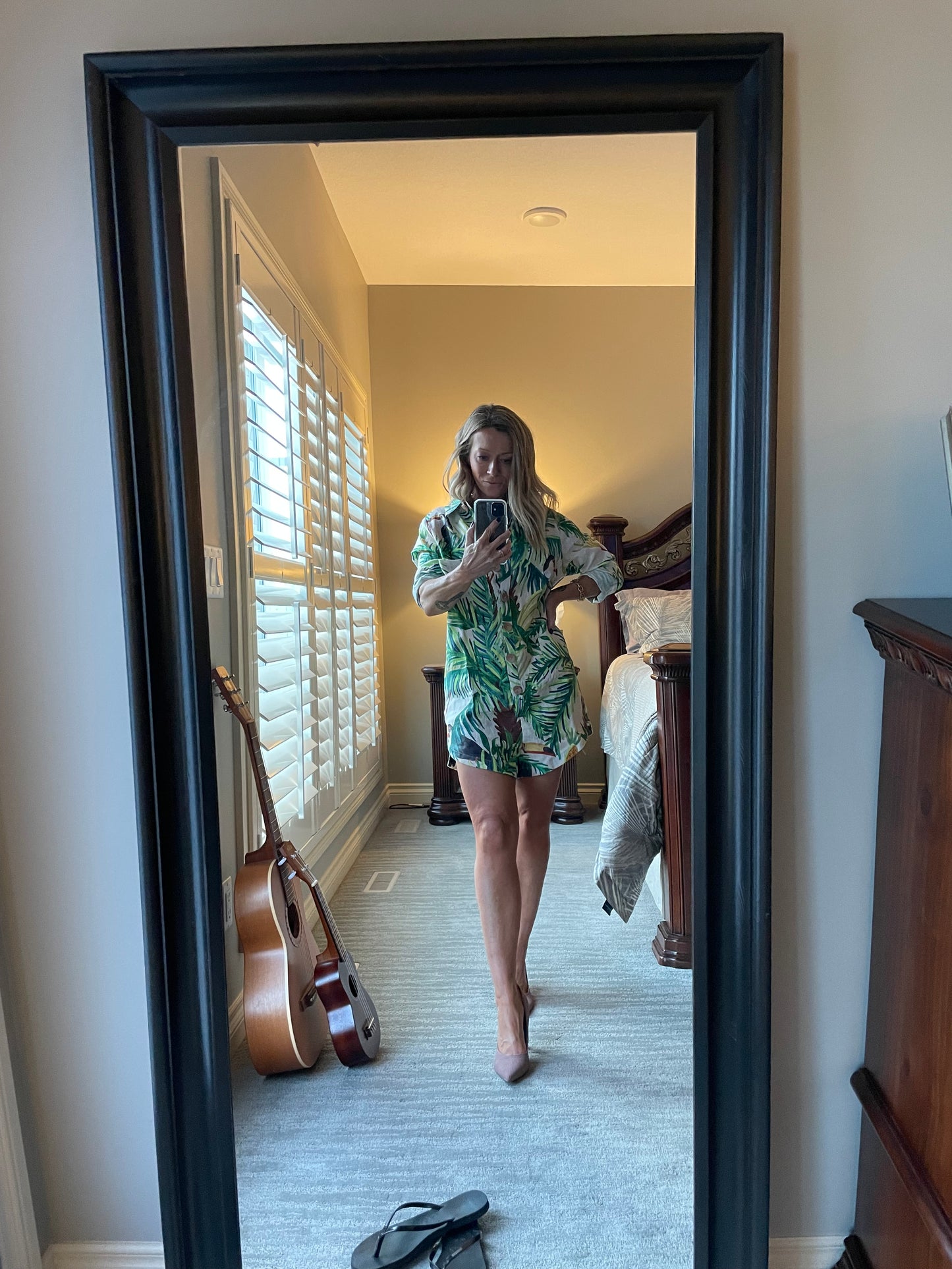 Farm Rio Linen Romper — Tropical Toucan Print, Shirt Dress Silhouette, XS