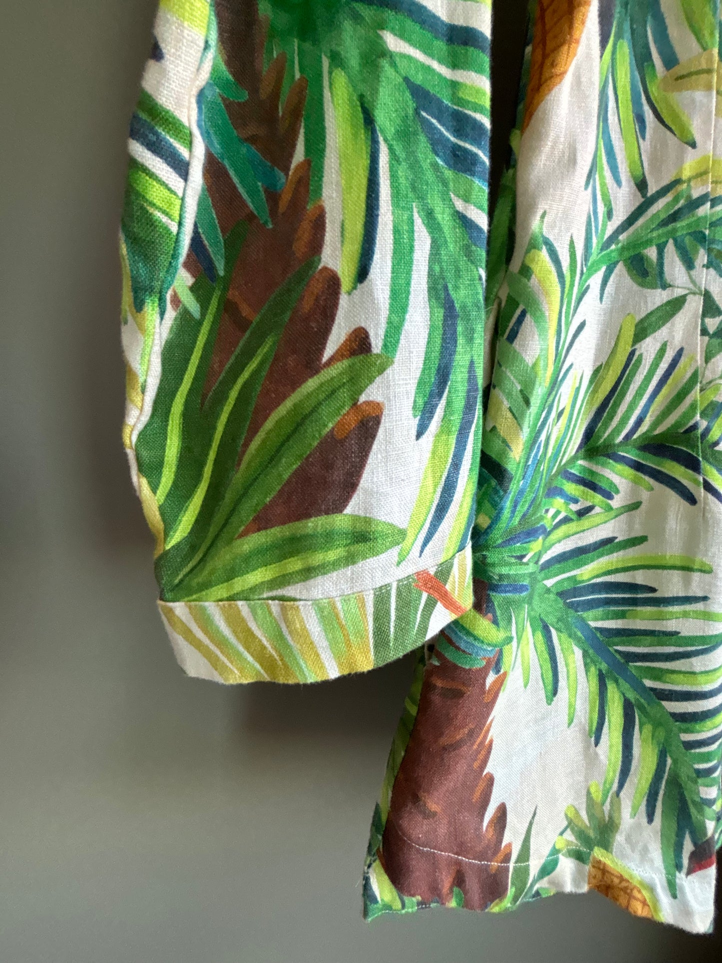 Farm Rio Linen Romper — Tropical Toucan Print, Shirt Dress Silhouette, XS
