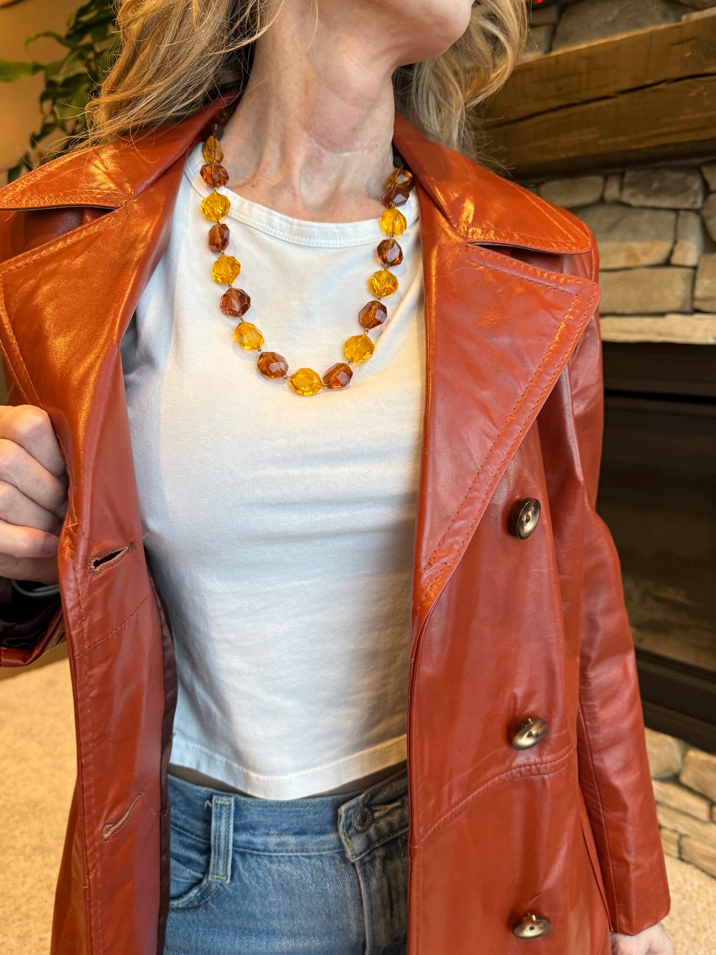 Vintage West Germany Amber Lucite Beaded Necklace – Chunky Faceted Gold & Cognac Tones