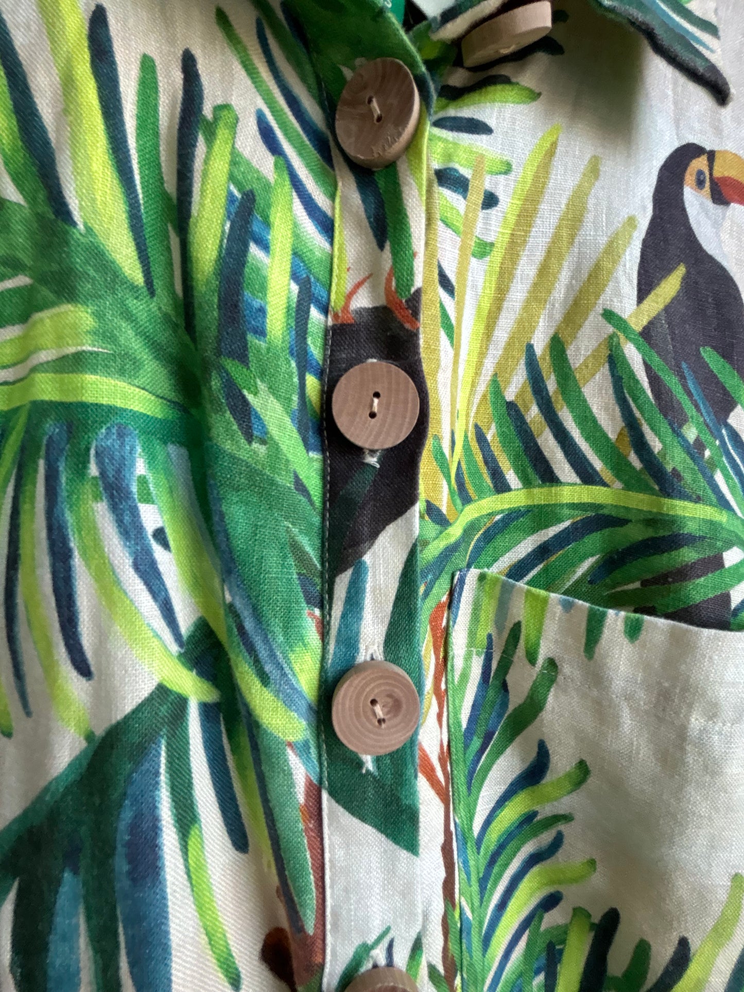 Farm Rio Linen Romper — Tropical Toucan Print, Shirt Dress Silhouette, XS