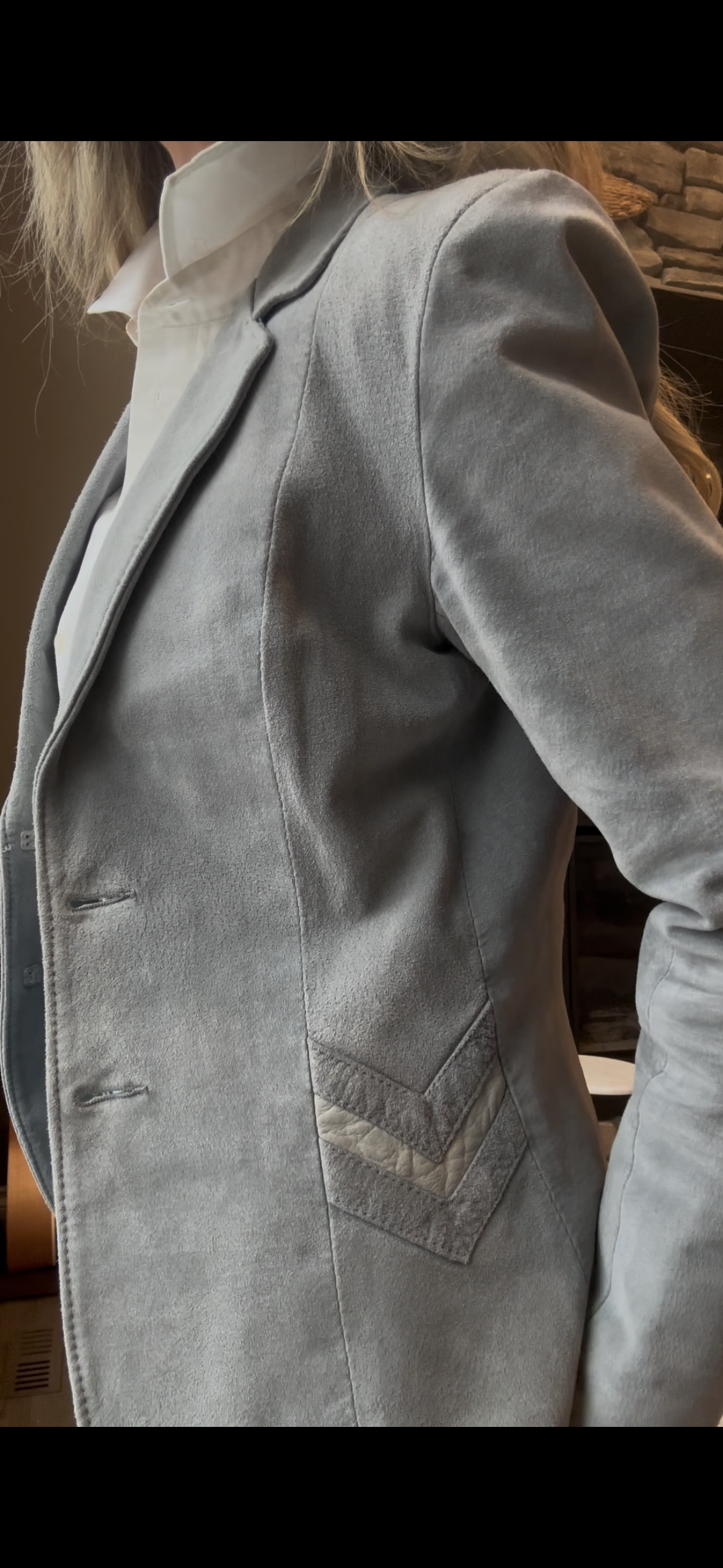 Vintage Canadian Blue Grey Suede Blazer – Chevron Detail Leather Attic