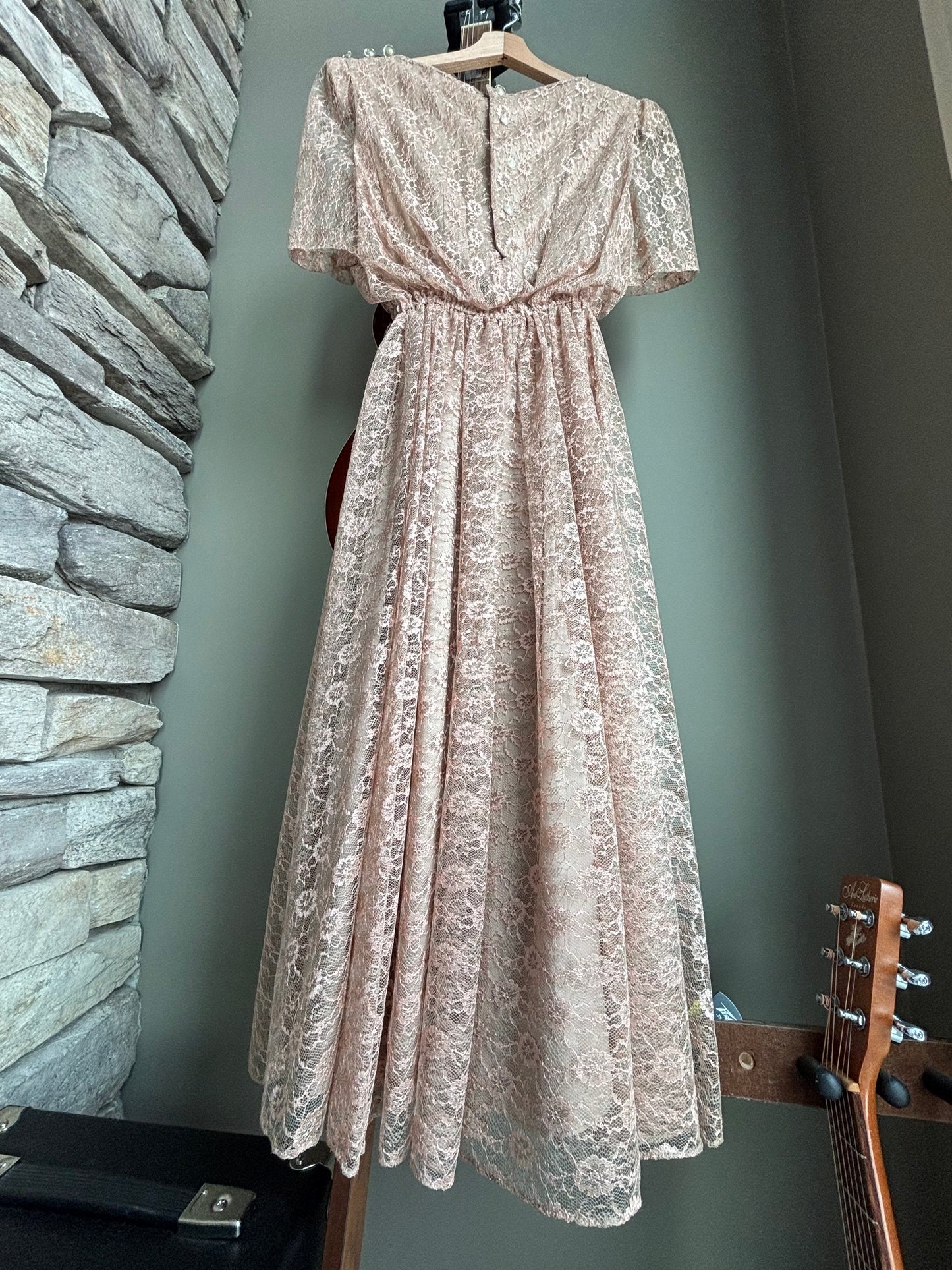 Vintage Lace Dress — Soft Blush Heirloom Bridal, Puff Sleeve Fit & Flare