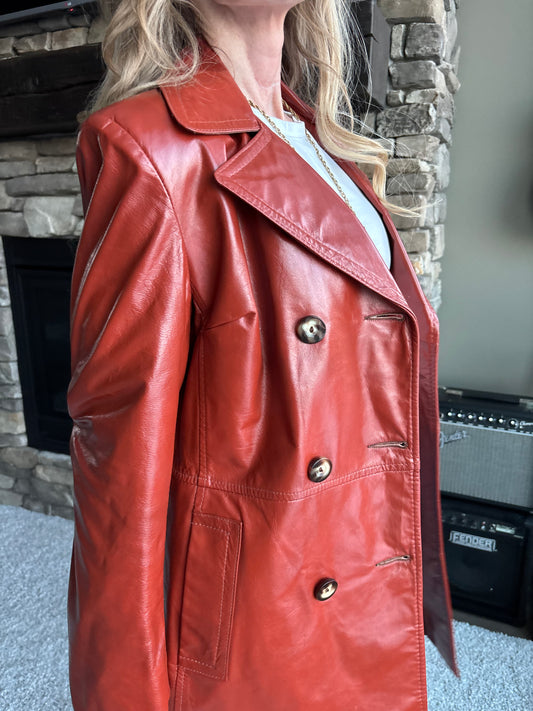 70’s Shaino’s Vintage Burnt Orange Leather 3/4 Length Pea Coat