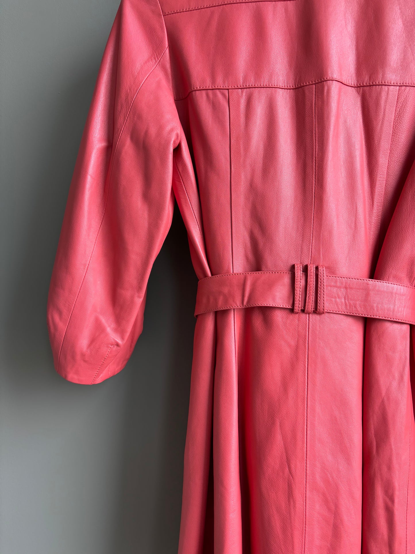 Vintage Ramses Leather Dress Coat—Flamingo Pink, Belted—M