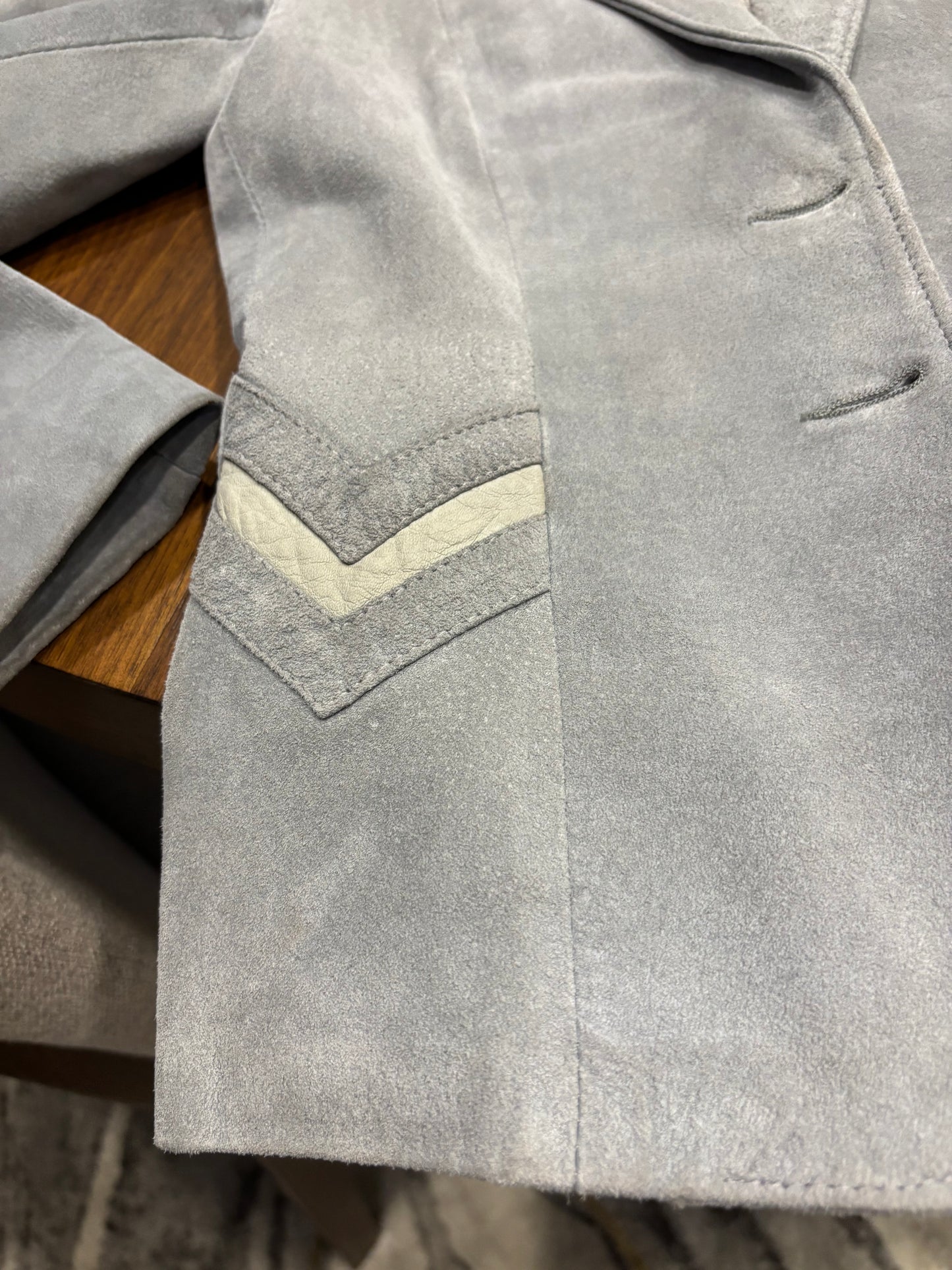 Vintage Canadian Blue Grey Suede Blazer – Chevron Detail Leather Attic