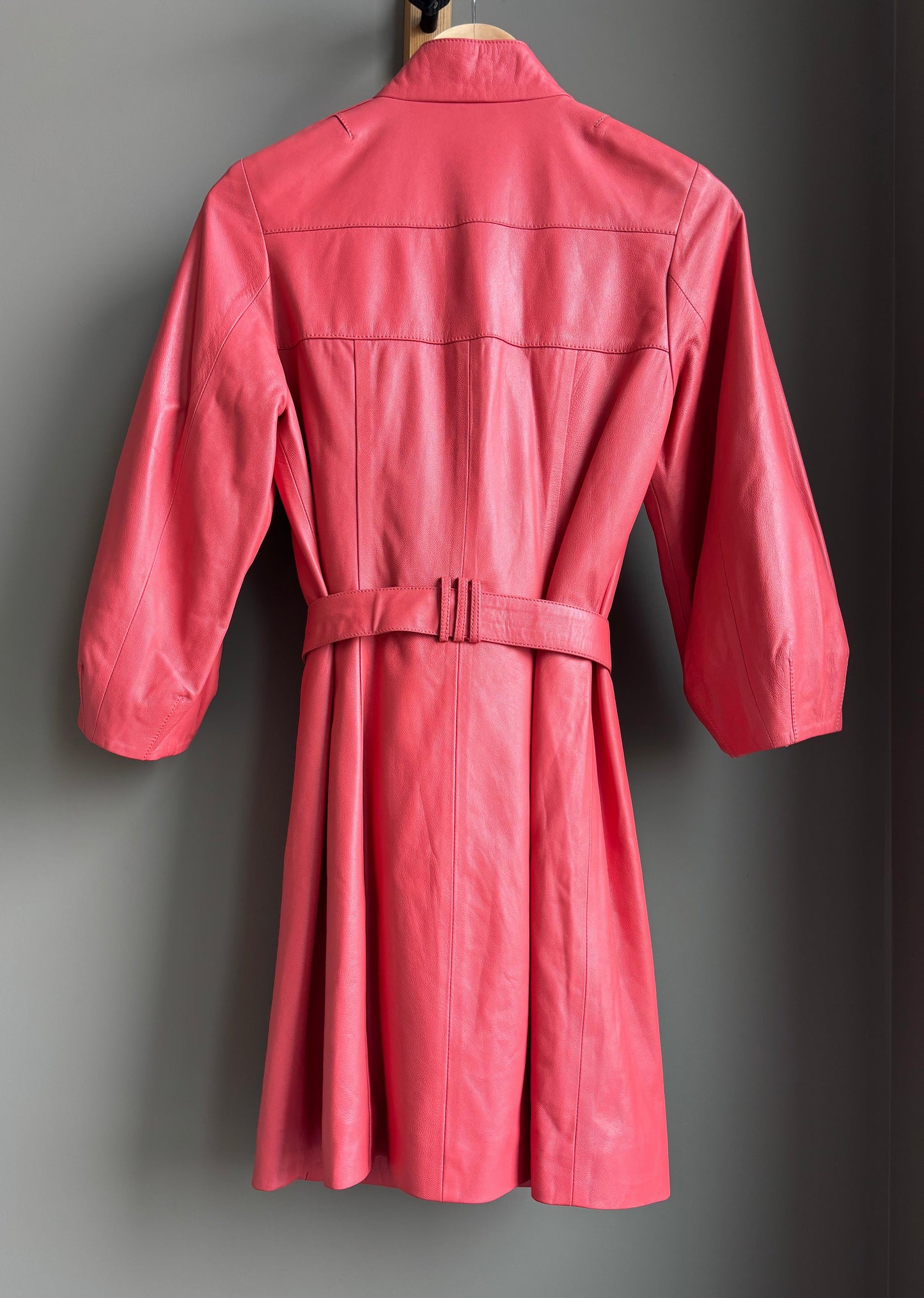 Vintage Ramses Leather Dress Coat—Flamingo Pink, Belted—M