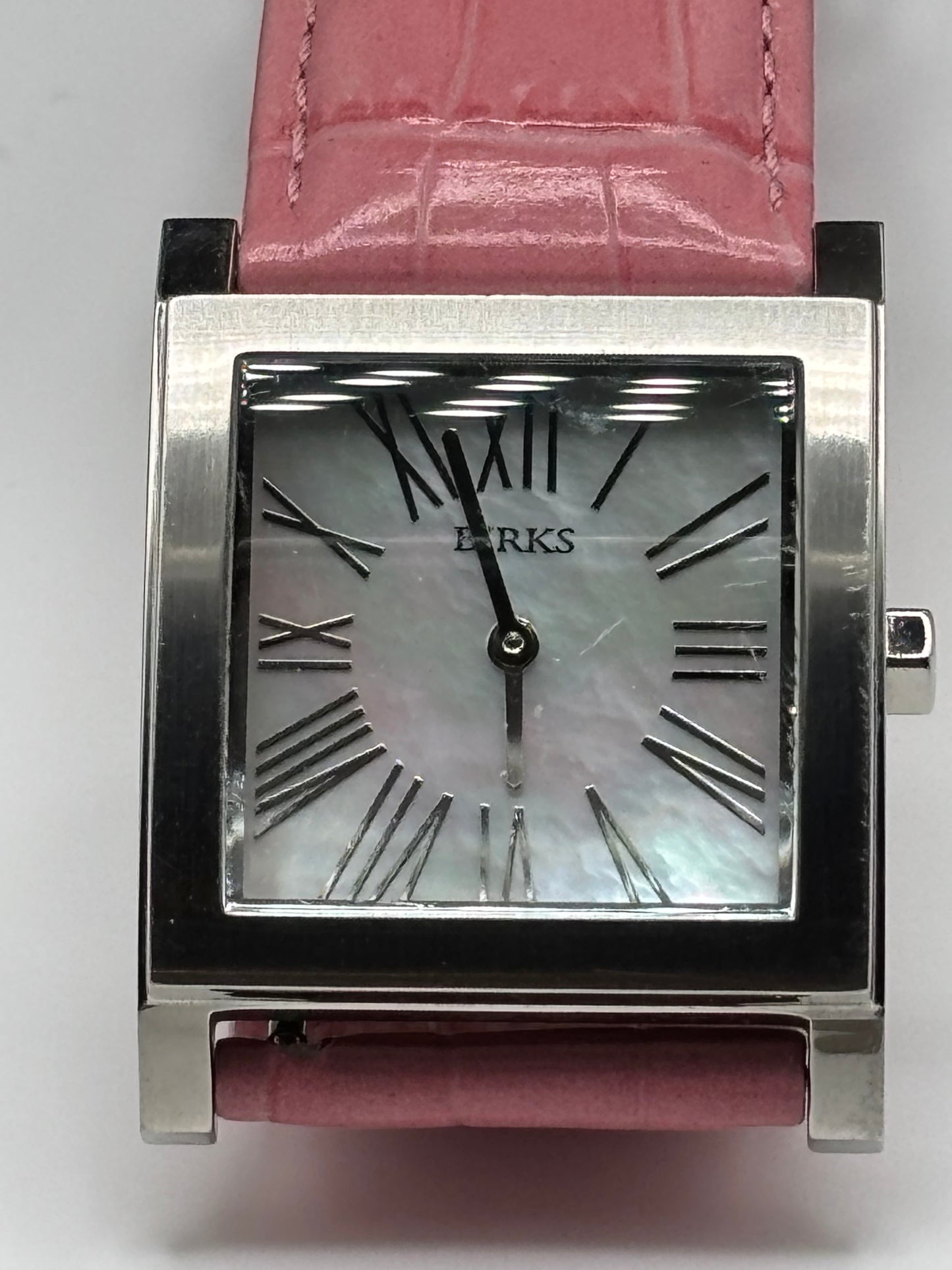 Henry Birks & Sons Square Mother-of-Pearl Dial Wrist Watch With Box – Pink Leather Alligator Print Strap