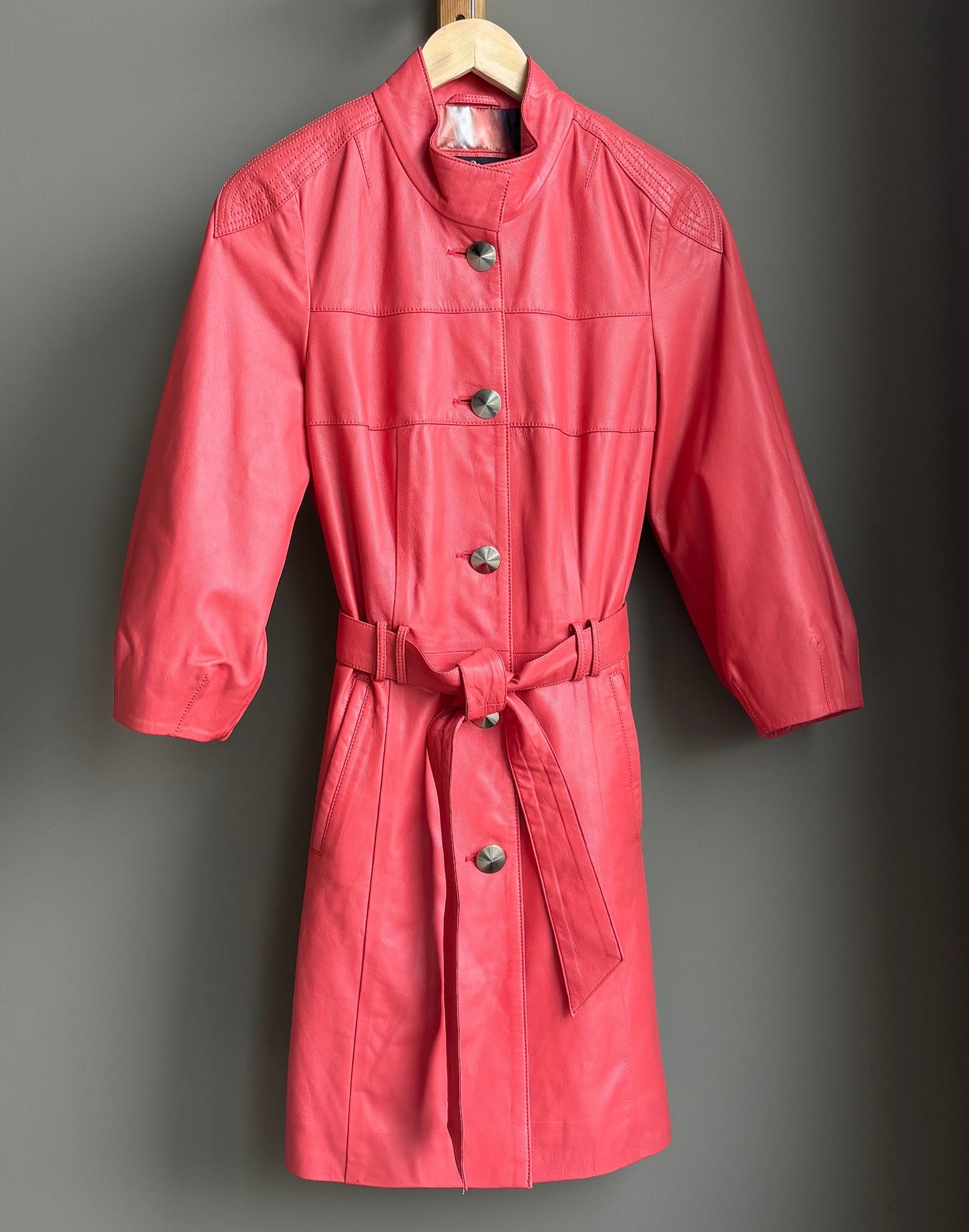 Vintage Ramses Leather Dress Coat—Flamingo Pink, Belted—M