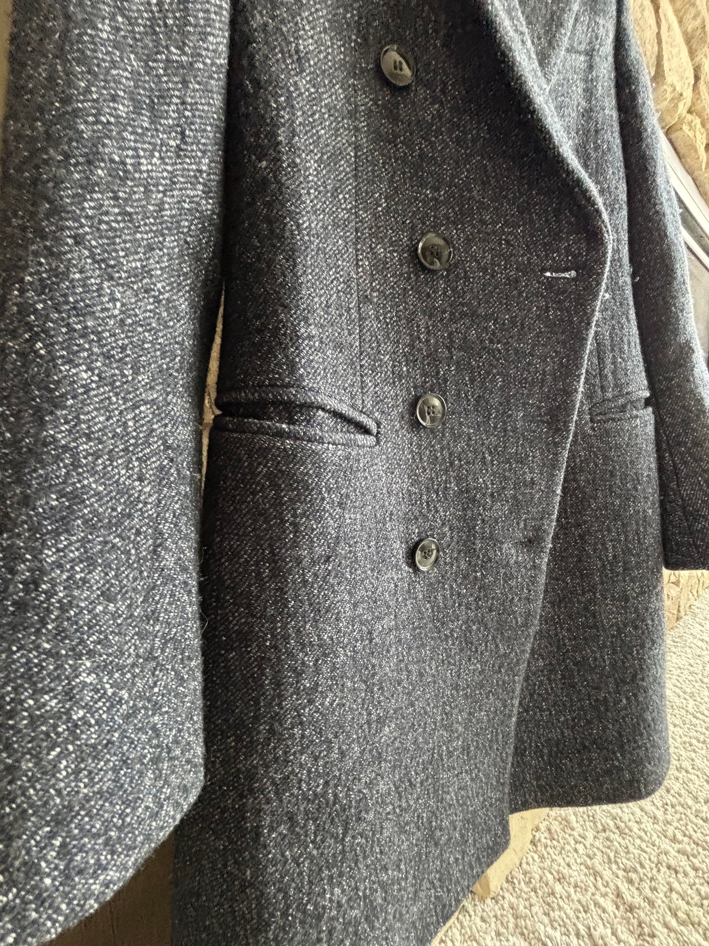 Club Monaco Italian Wool Double Breasted – Charcoal Blue Top Coat, XS