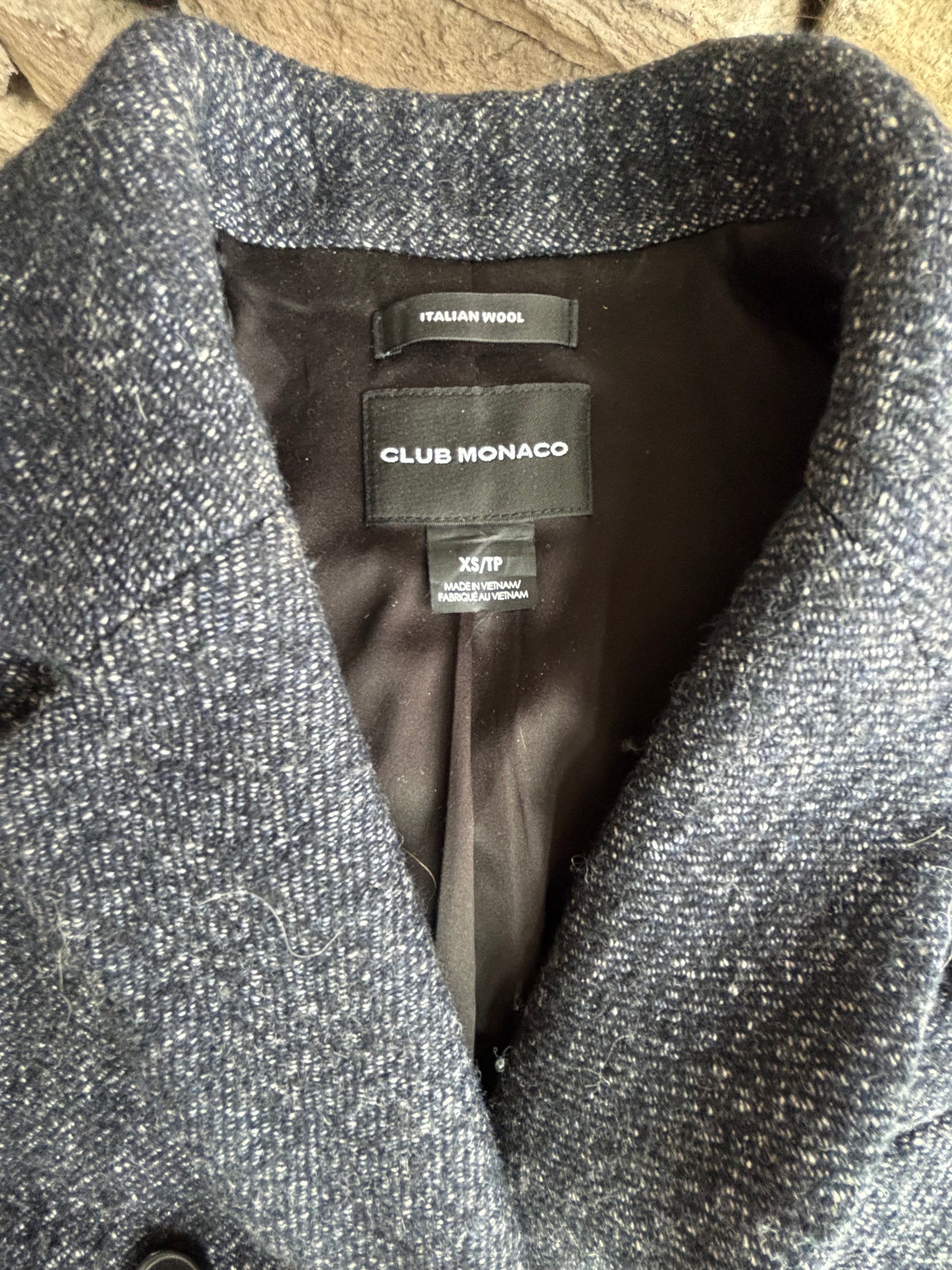 Club Monaco Italian Wool Double Breasted – Charcoal Blue Top Coat, XS