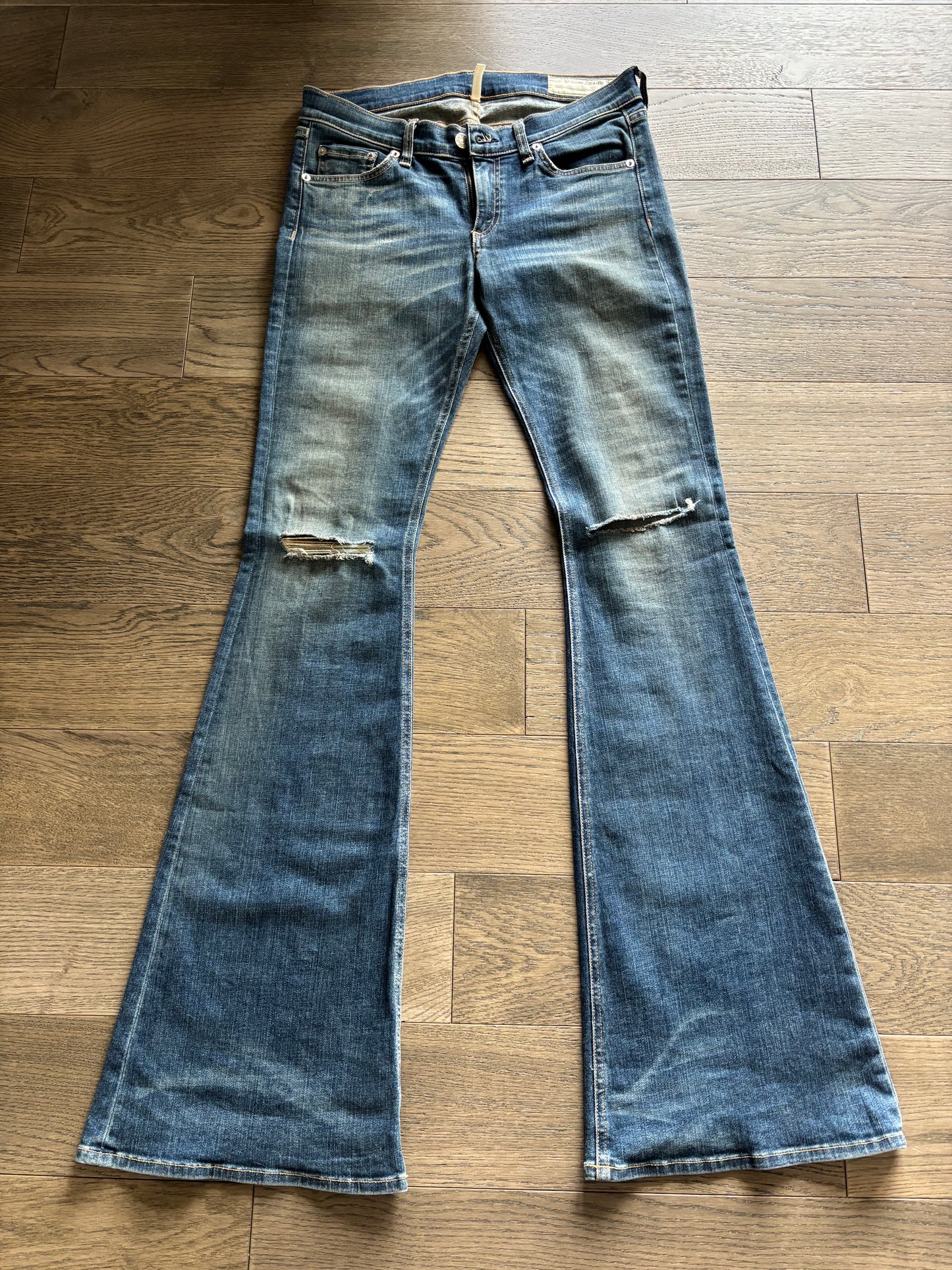 Rag & Bone Elephant Bell Jeans – Medium Wash Distressed Flare, Size 28