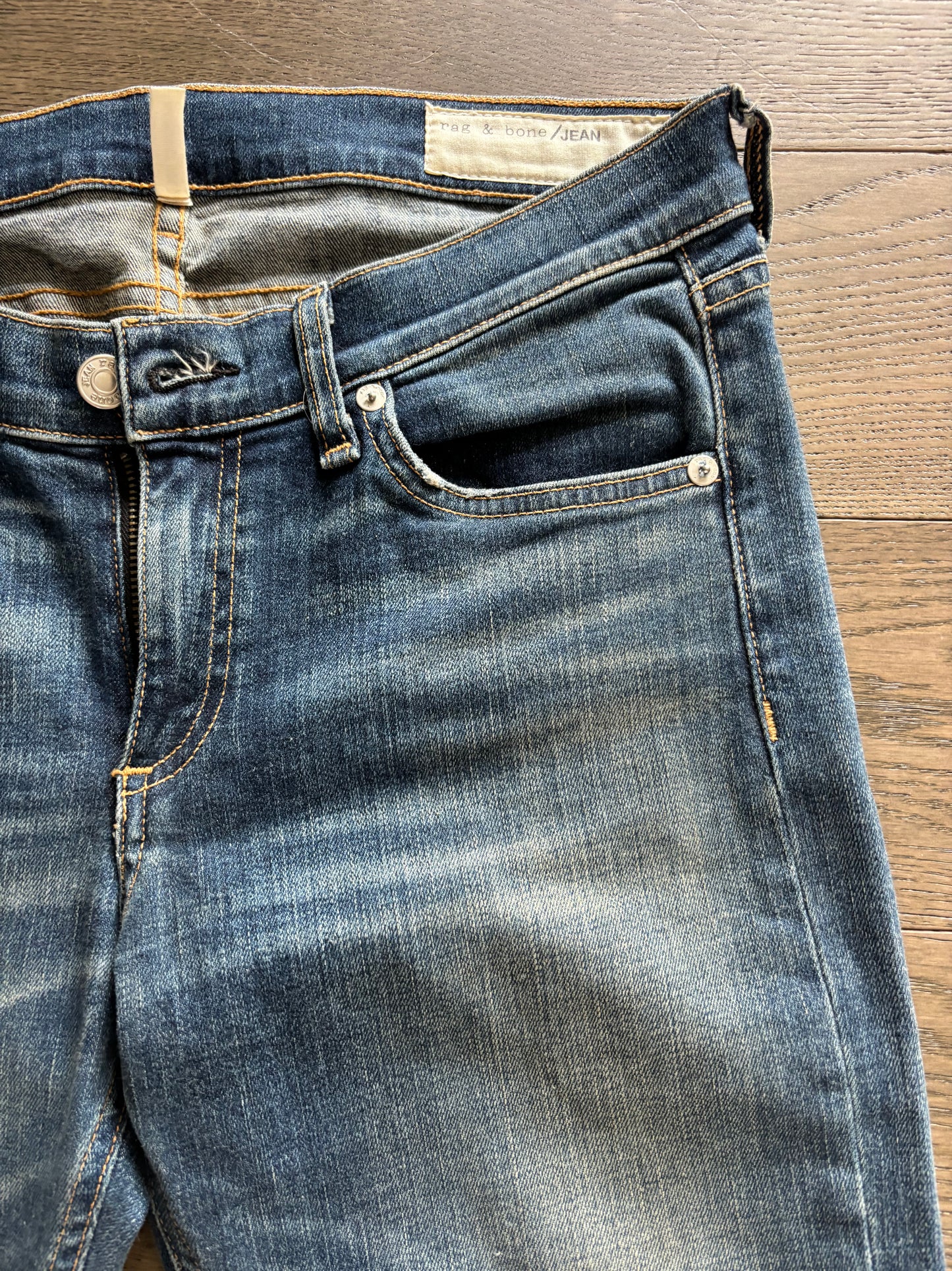 Rag & Bone Elephant Bell Jeans – Medium Wash Distressed Flare, Size 28