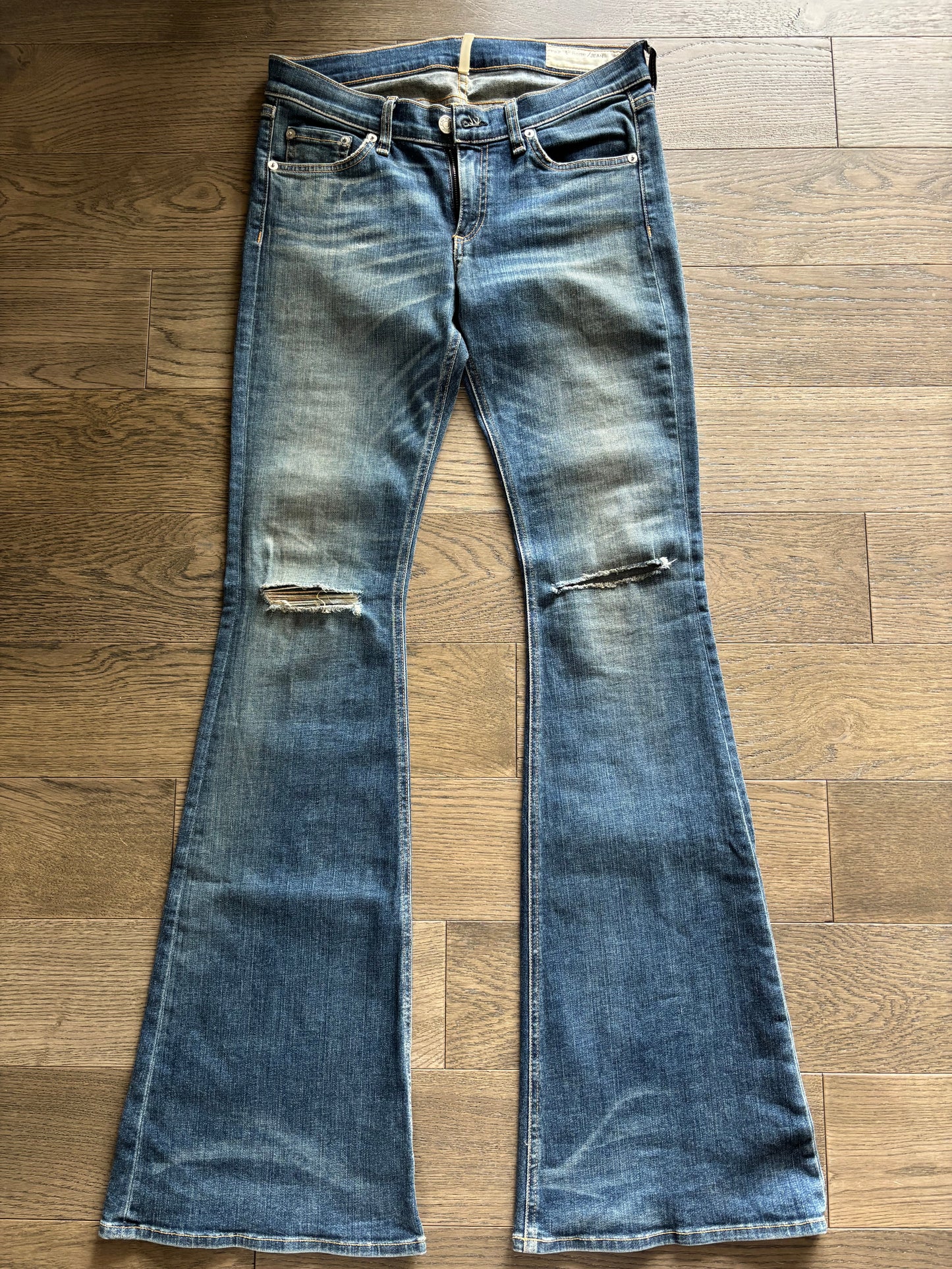 Rag & Bone Elephant Bell Jeans – Medium Wash Distressed Flare, Size 28