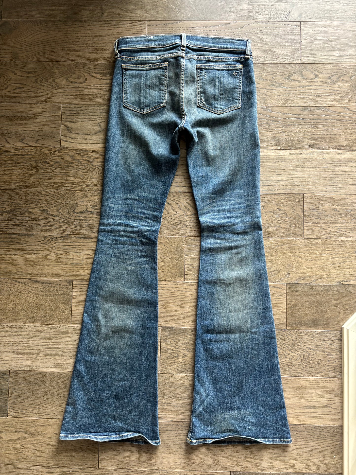 Rag & Bone Elephant Bell Jeans – Medium Wash Distressed Flare, Size 28