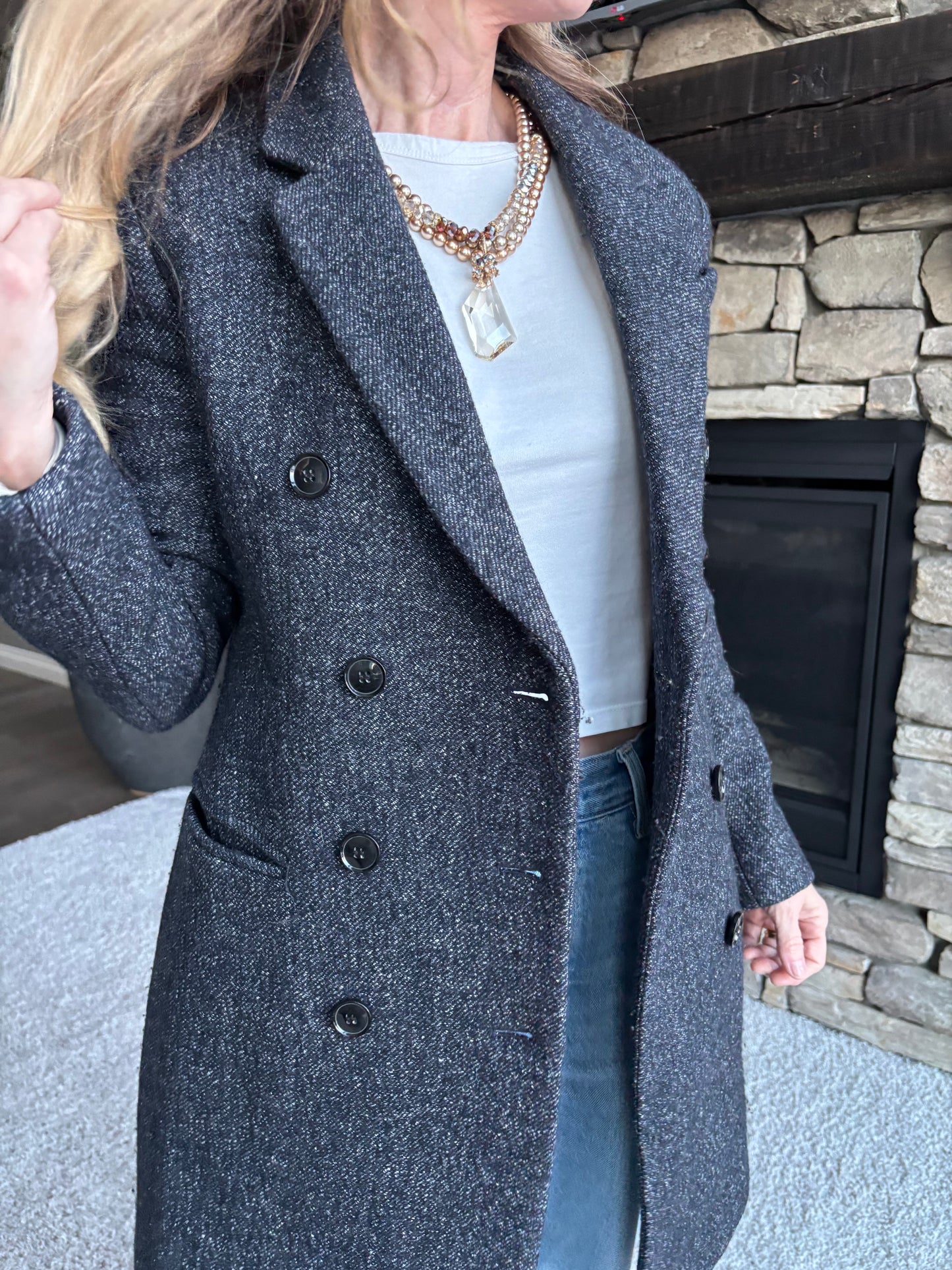 Club Monaco Italian Wool Double Breasted – Charcoal Blue Top Coat, XS
