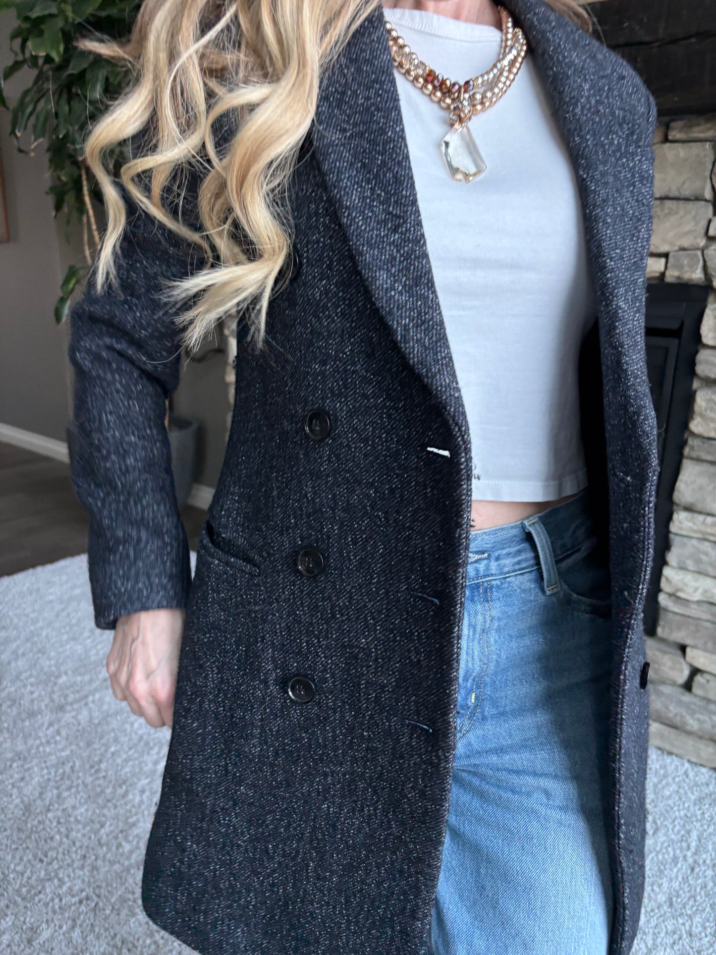 Club Monaco Italian Wool Double Breasted – Charcoal Blue Top Coat, XS