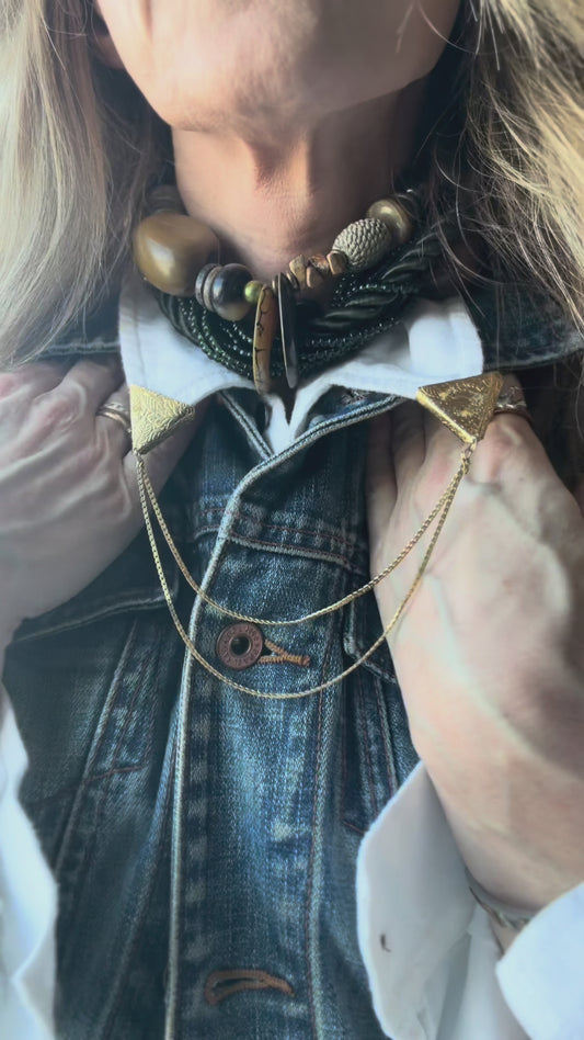 80’s Chunky Statement Necklace Jasper Green Glass Beads—Studio Artist